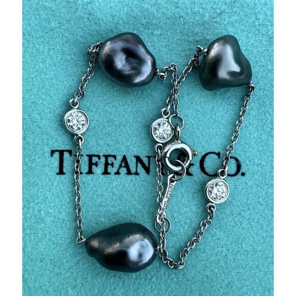 Tiffany & Co. Platinum 950 Elsa Peretti Diamond Tahitian Keshi Pearl Bracelet - Picture 1 of 11